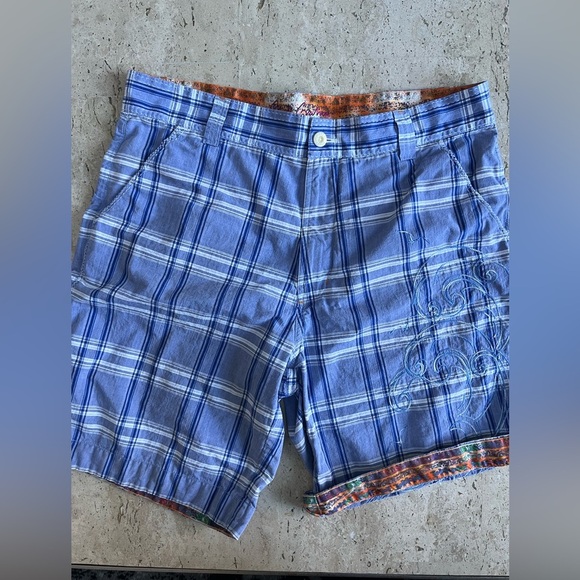 Robert Graham Blue Plaid Embroidered Ocean Waves Shorts Size 36 - Picture 3 of 9